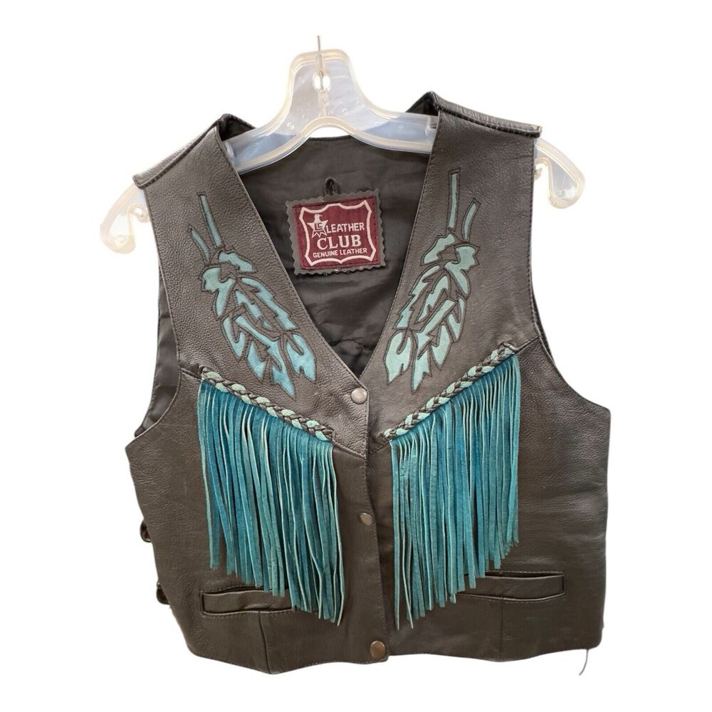 Leather Club Womens MED? Harley Vest Black Fringe TURQUOISE Feather INLAYED